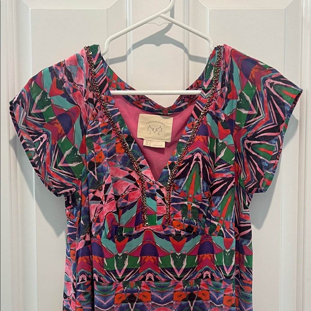 Anthropologie Beaded V-Neck Multicolor Geometric Midi Dress